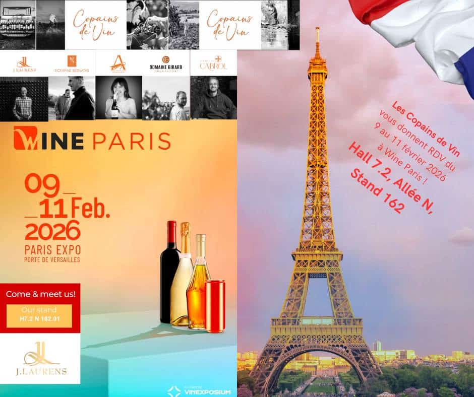Wine Paris 2026 (9-11 Fev): Les Copains de Vin vous attendent Hall 7.2, Allée N, Stand 162. Vins, vignerons et Tour Eiffel.