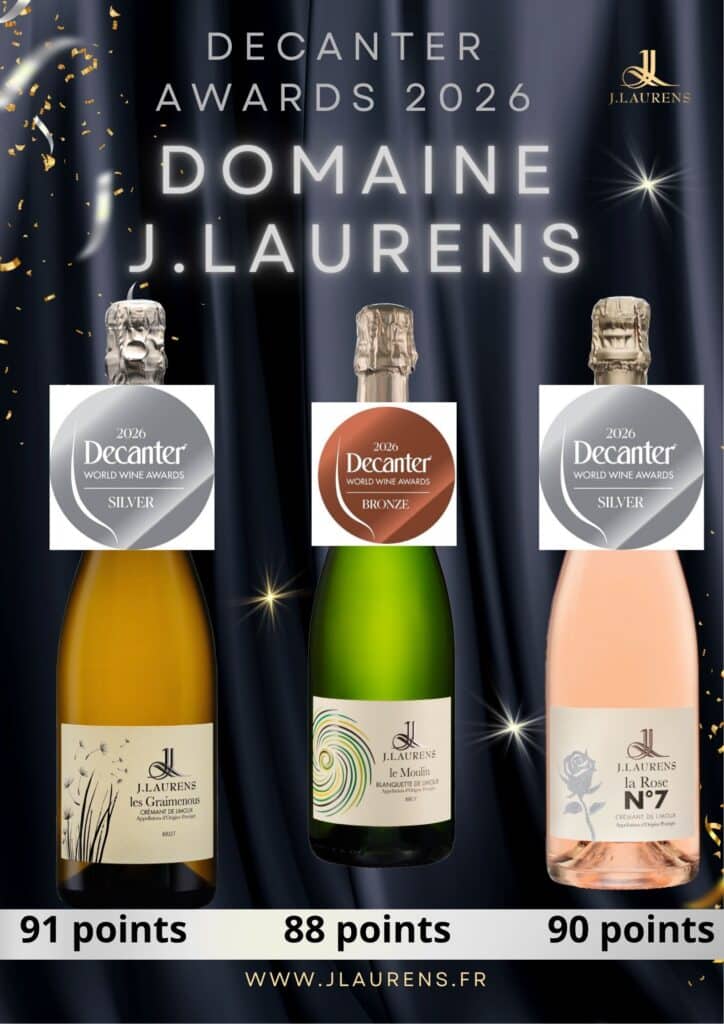 Médailles Decanter 2026 Domaine J.Laurens : 3 bouteilles de Crémant de Limoux primées, scores de 88 à 91 points.